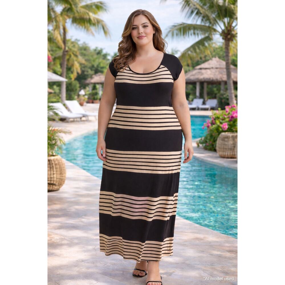 Espresso Striped Maxi Dress Tan Black Resort Beachy Minimalist XL Resort Wear